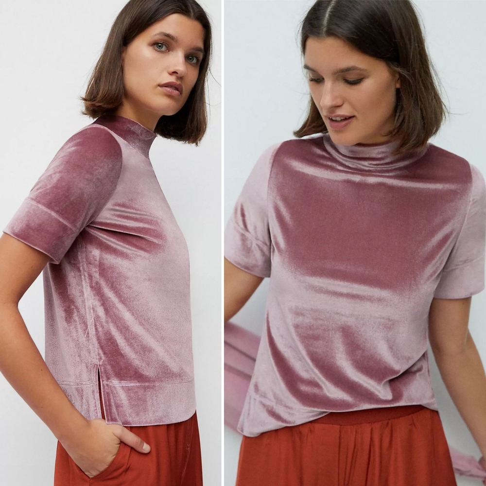 Anthropologie Krisha Velvet Mock Neck Top Mauve Pink Short Sleeve Sz S Elegant